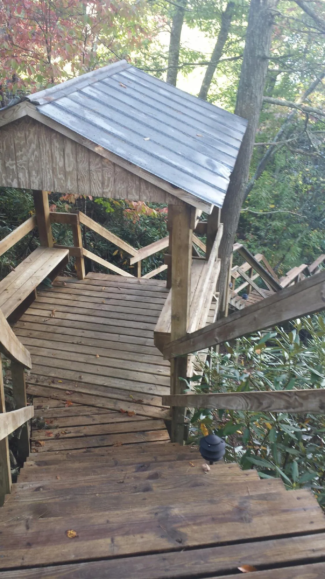 Metal roofed shelter over wooden steps on a wooded walkway — Skylight Repair & Installation work by our crew in Sparrow Bush